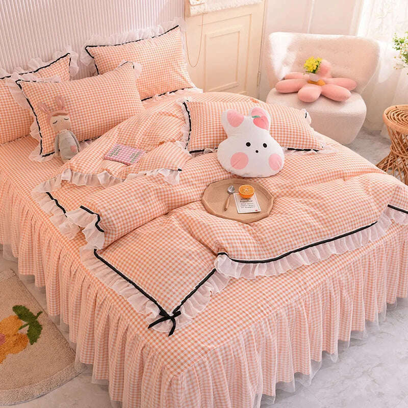 Korean Girl Heart Solid Color Bedding Set Cute Princess Style Cotton Bed Skirt Full Queen Size Flat Sheet Quilt Cover Pillowcase - KIMLUD