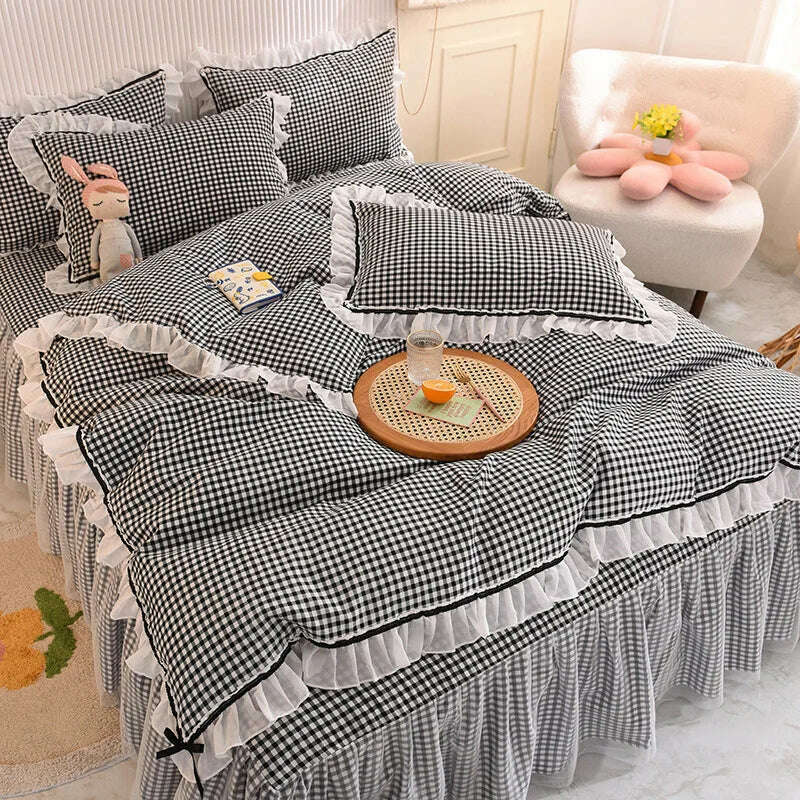 Korean Girl Heart Solid Color Bedding Set Cute Princess Style Cotton Bed Skirt Full Queen Size Flat Sheet Quilt Cover Pillowcase - KIMLUD