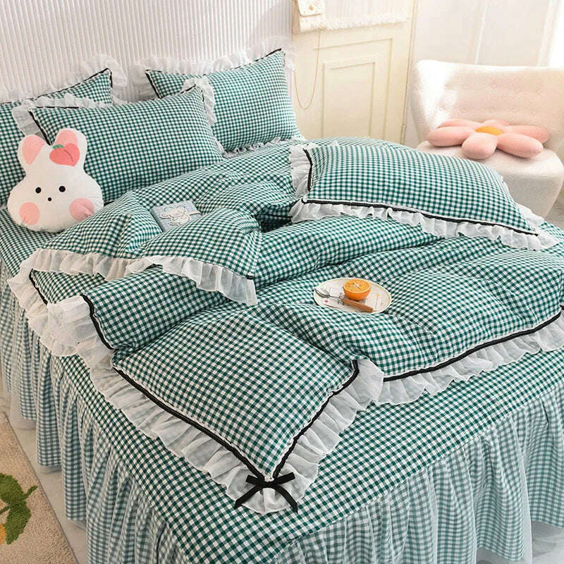 Korean Girl Heart Solid Color Bedding Set Cute Princess Style Cotton Bed Skirt Full Queen Size Flat Sheet Quilt Cover Pillowcase - KIMLUD