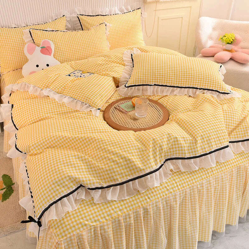 Korean Girl Heart Solid Color Bedding Set Cute Princess Style Cotton Bed Skirt Full Queen Size Flat Sheet Quilt Cover Pillowcase - KIMLUD