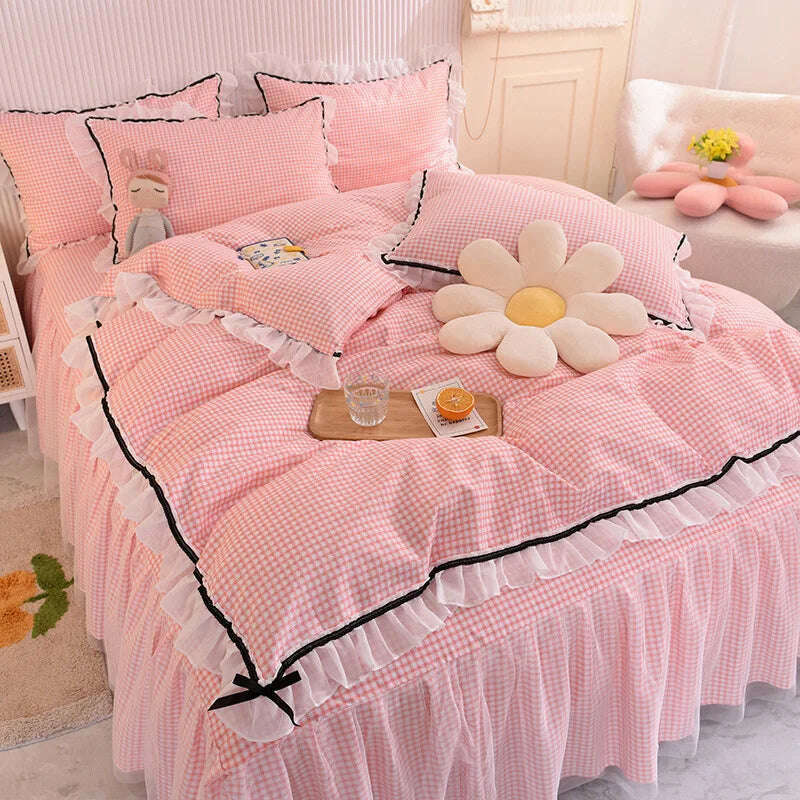 Korean Girl Heart Solid Color Bedding Set Cute Princess Style Cotton Bed Skirt Full Queen Size Flat Sheet Quilt Cover Pillowcase - KIMLUD