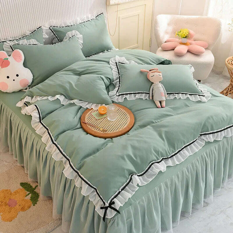 Korean Girl Heart Solid Color Bedding Set Cute Princess Style Cotton Bed Skirt Full Queen Size Flat Sheet Quilt Cover Pillowcase - KIMLUD