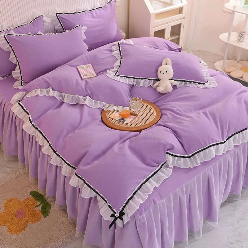 Korean Girl Heart Solid Color Bedding Set Cute Princess Style Cotton Bed Skirt Full Queen Size Flat Sheet Quilt Cover Pillowcase - KIMLUD