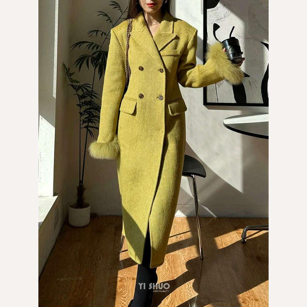 KIMLUD, Korean Women Fashion Faux Fur Sleeves Hourglass Slimming Fit Double-sided Silk Soft Wool Cashmere Coat Woolen Overcoat, KIMLUD Womens Clothes