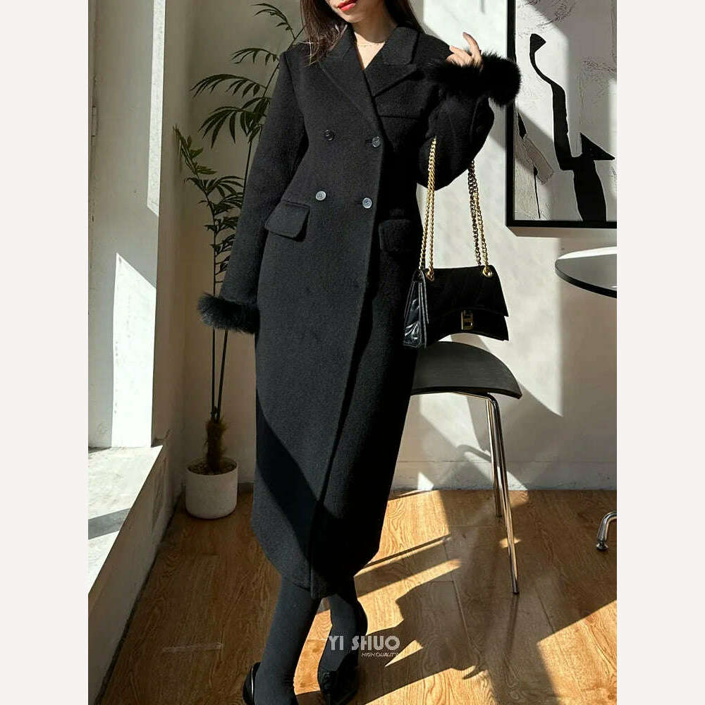 KIMLUD, Korean High-end Women Fashion Fox Fur Sleeves Hourglass Slimming Fit Double-sided Silk Soft Wool Cashmere Coat Woolen Overcoat, KIMLUD Womens Clothes