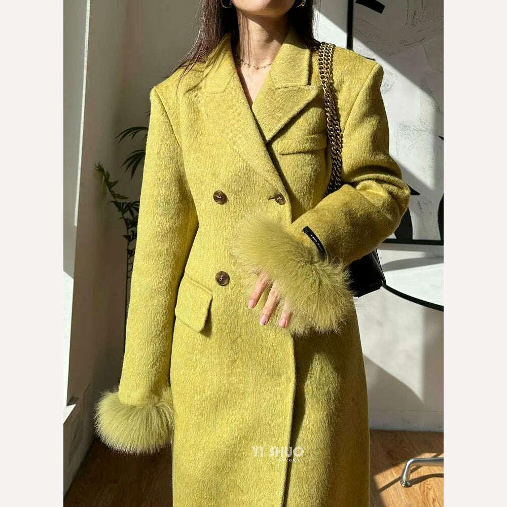 KIMLUD, Korean Women Fashion Faux Fur Sleeves Hourglass Slimming Fit Double-sided Silk Soft Wool Cashmere Coat Woolen Overcoat, KIMLUD Womens Clothes