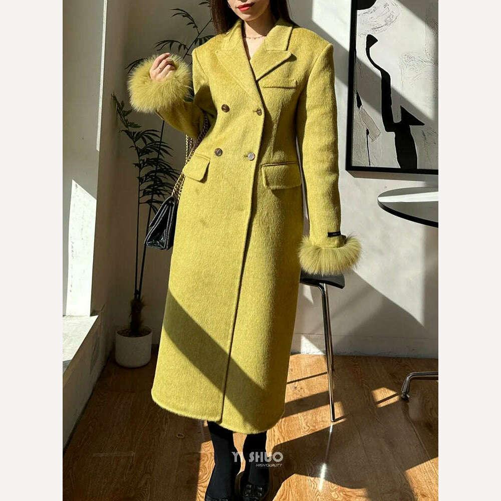 KIMLUD, Korean Women Fashion Faux Fur Sleeves Hourglass Slimming Fit Double-sided Silk Soft Wool Cashmere Coat Woolen Overcoat, KIMLUD Womens Clothes