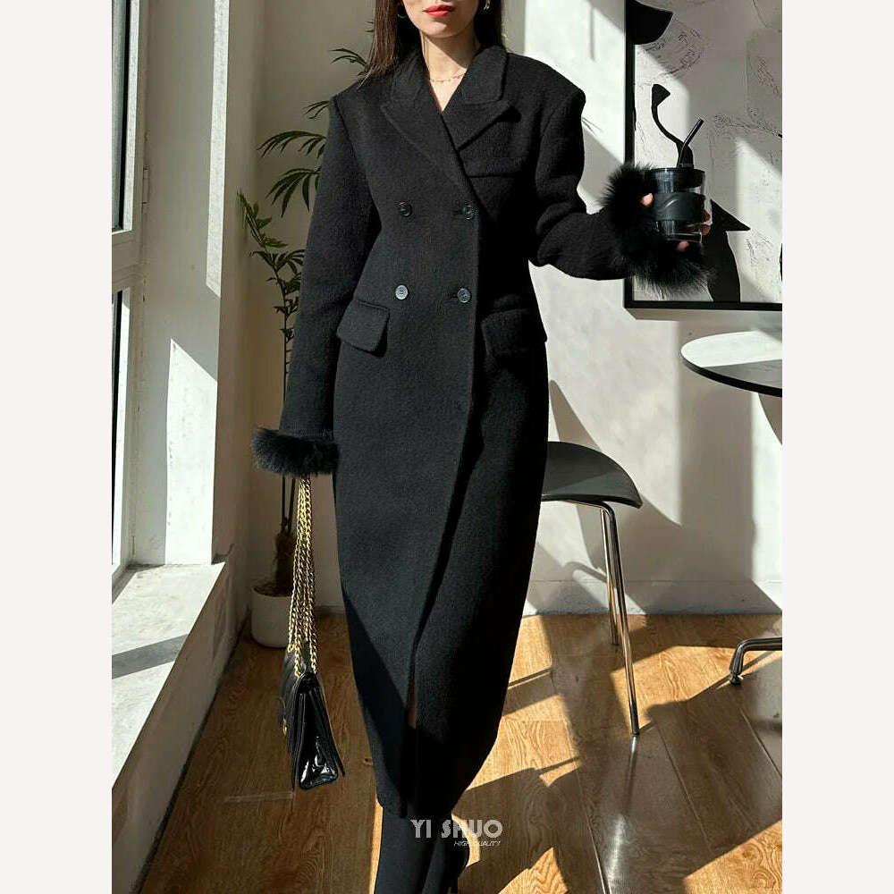 KIMLUD, Korean Women Fashion Faux Fur Sleeves Hourglass Slimming Fit Double-sided Silk Soft Wool Cashmere Coat Woolen Overcoat, KIMLUD Womens Clothes