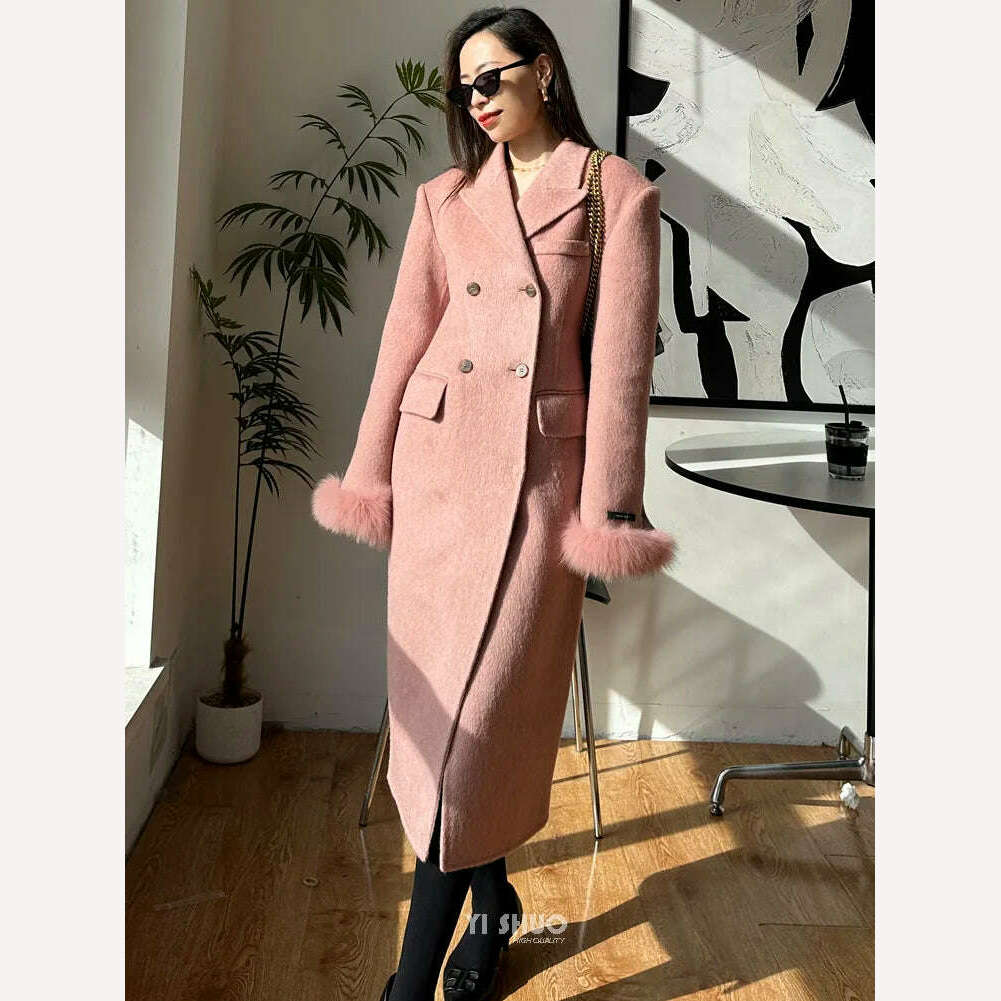 KIMLUD, Korean High-end Women Fashion Fox Fur Sleeves Hourglass Slimming Fit Double-sided Silk Soft Wool Cashmere Coat Woolen Overcoat, Pink / S, KIMLUD APPAREL - Womens Clothes