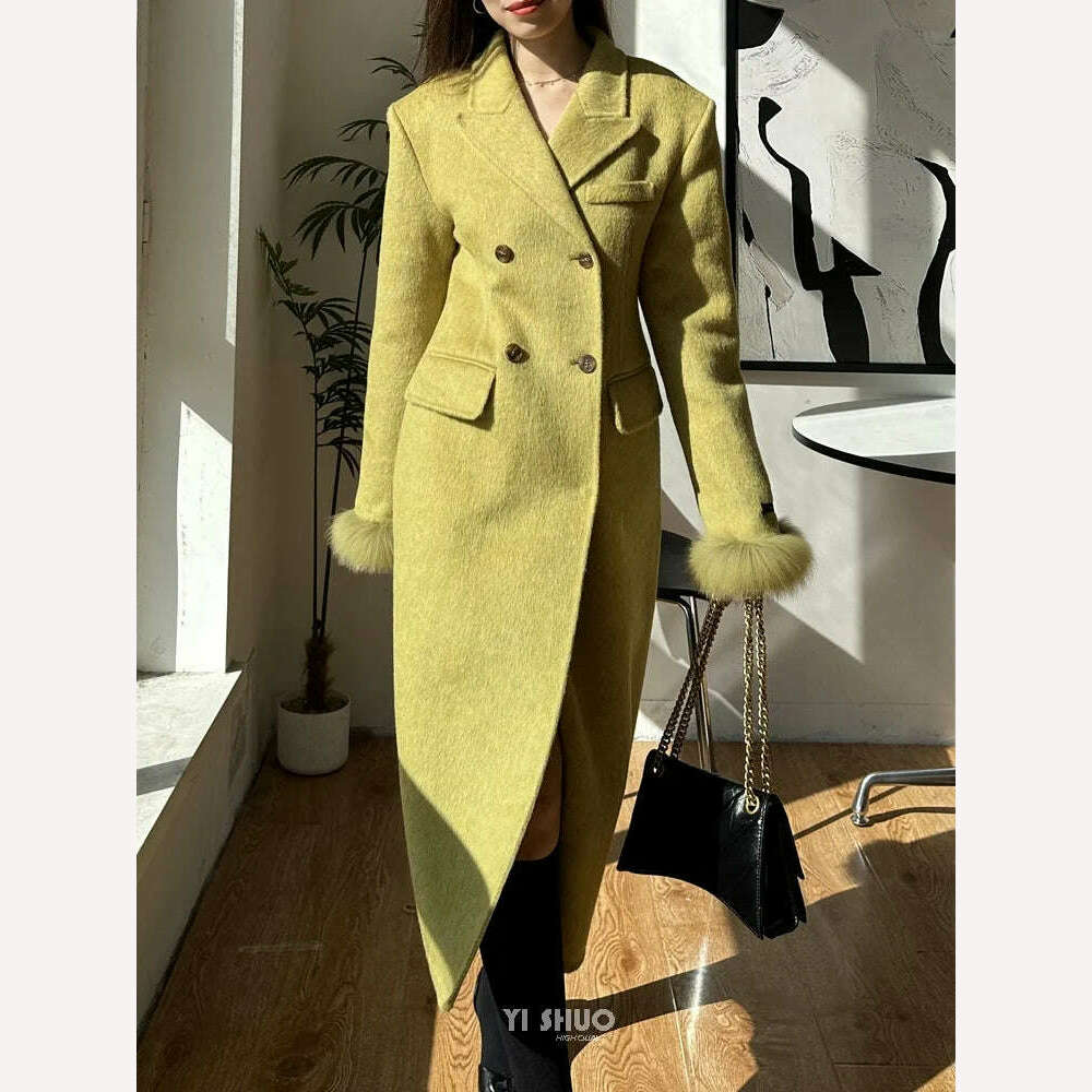 KIMLUD, Korean High-end Women Fashion Fox Fur Sleeves Hourglass Slimming Fit Double-sided Silk Soft Wool Cashmere Coat Woolen Overcoat, KIMLUD Womens Clothes