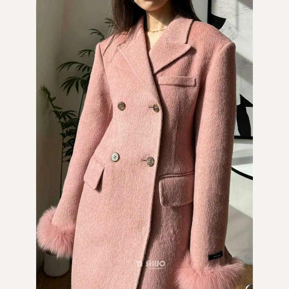 KIMLUD, Korean High-end Women Fashion Fox Fur Sleeves Hourglass Slimming Fit Double-sided Silk Soft Wool Cashmere Coat Woolen Overcoat, KIMLUD Womens Clothes