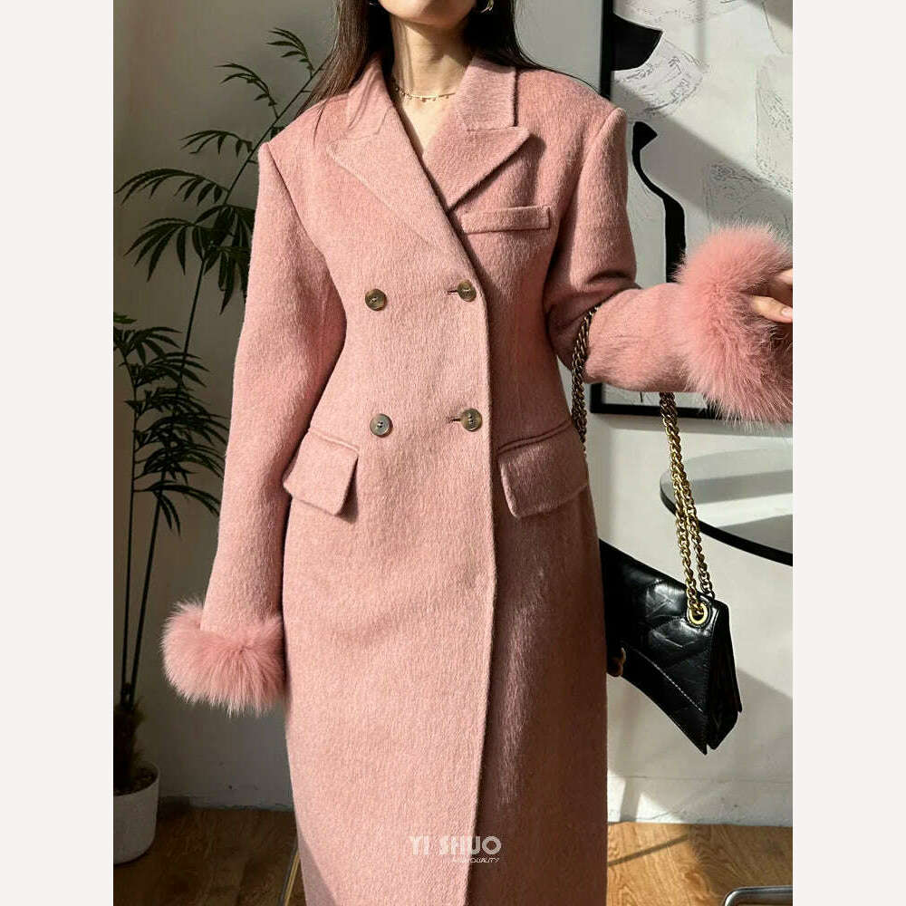 KIMLUD, Korean High-end Women Fashion Fox Fur Sleeves Hourglass Slimming Fit Double-sided Silk Soft Wool Cashmere Coat Woolen Overcoat, KIMLUD Womens Clothes