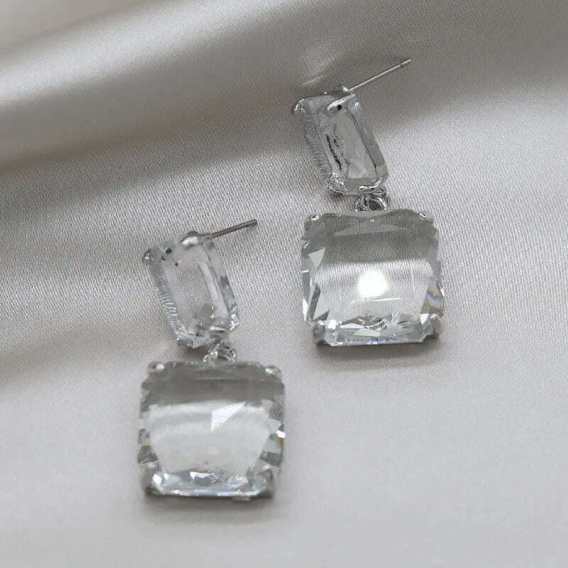 KIMLUD, Korean hot selling fashion jewelry double square crystal earrings four colors simple temperament female daily earrings, KIMLUD Womens ClothesKIMLUD, Korean hot selling fashion jewelry double square crystal earrings four colors simple temperament female daily earrings, silver clear, KIMLUD APPAREL - Womens Clothes