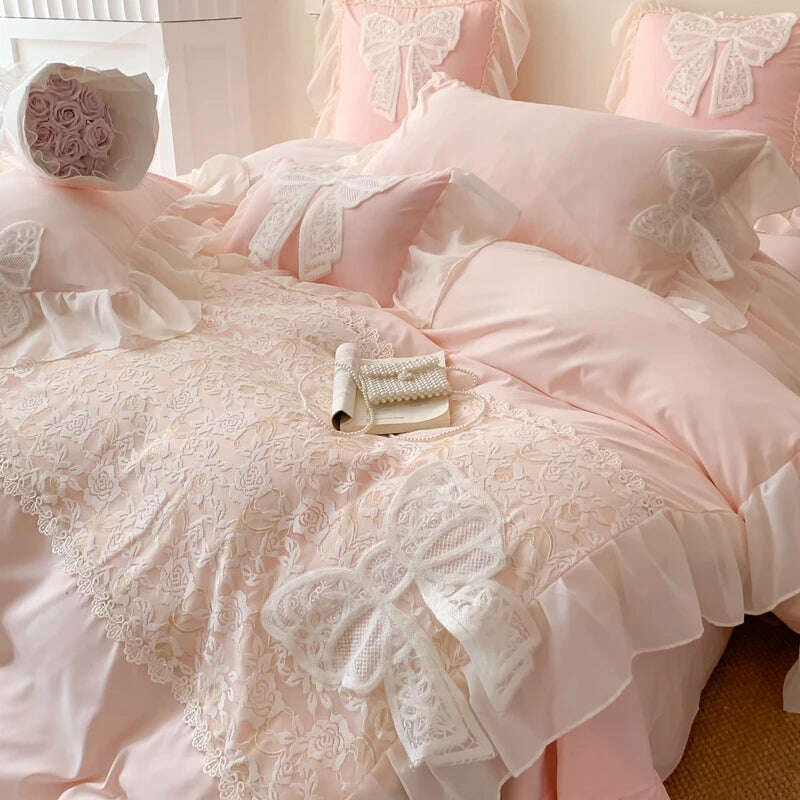 KIMLUD, Korean Princess Bedding Set Lace Bow Beauty Solid Color Lace Ruffle Quilt Cover Luxury Girls Wedding Home Textiles Duvet Cover, KIMLUD Womens Clothes