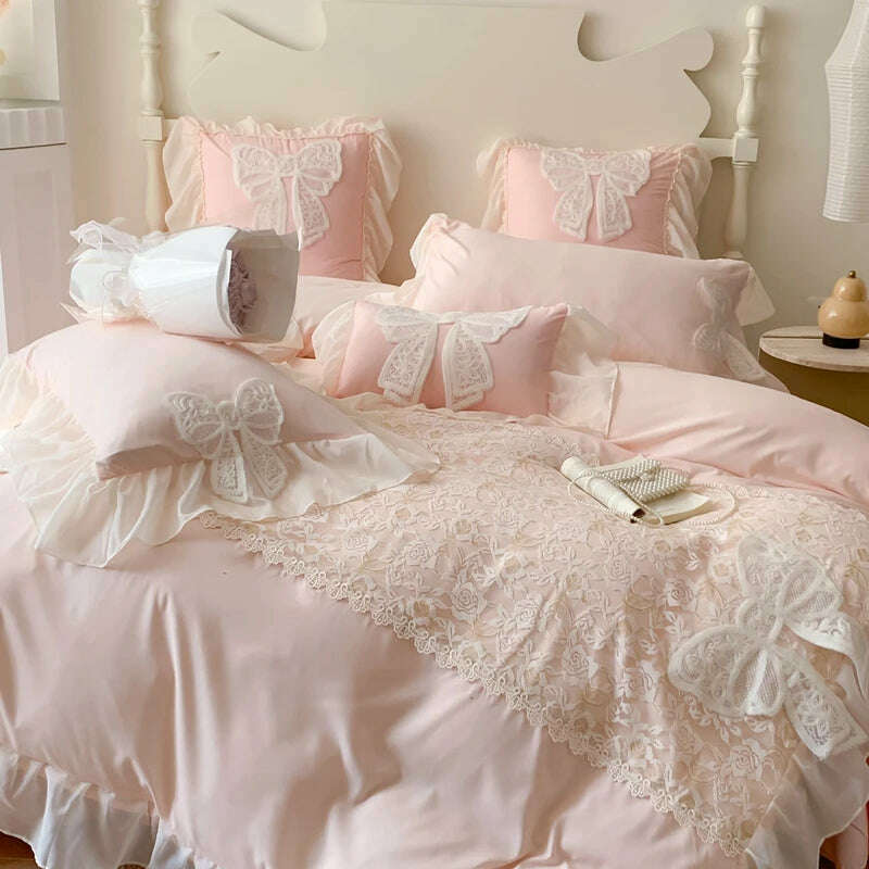 KIMLUD, Korean Princess Bedding Set Lace Bow Beauty Solid Color Lace Ruffle Quilt Cover Luxury Girls Wedding Home Textiles Duvet Cover, KIMLUD Womens Clothes