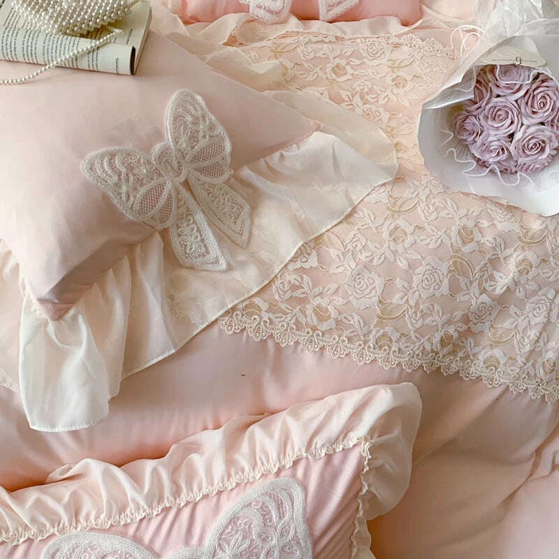 KIMLUD, Korean Princess Bedding Set Lace Bow Beauty Solid Color Lace Ruffle Quilt Cover Luxury Girls Wedding Home Textiles Duvet Cover, KIMLUD Womens Clothes