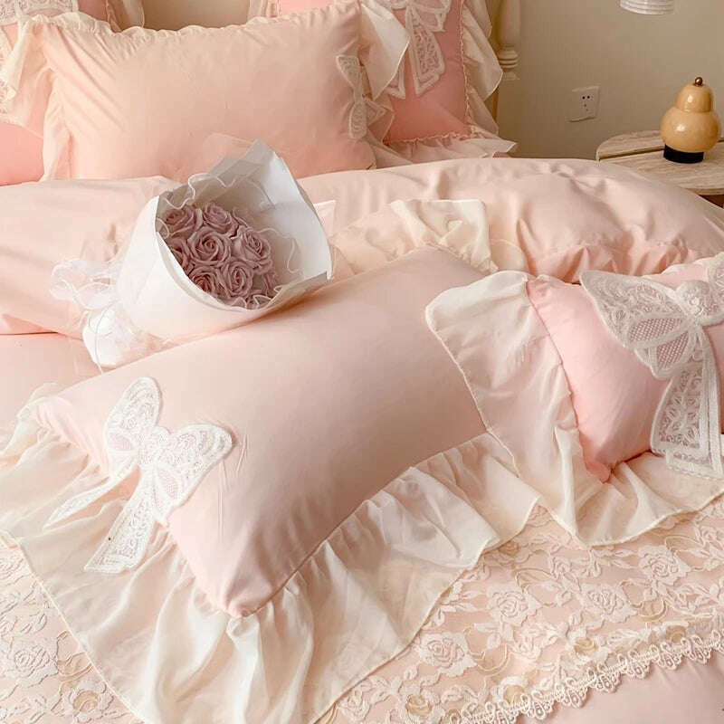 KIMLUD, Korean Princess Bedding Set Lace Bow Beauty Solid Color Lace Ruffle Quilt Cover Luxury Girls Wedding Home Textiles Duvet Cover, KIMLUD Womens Clothes