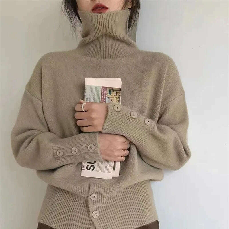 KIMLUD, Korean Slim Woman Pullover Turtleneck Sweater Long Sleeved Loose Jumper Autumn Soft Solid Button Split Female Chic Knitted Top, Picture color 1 / One Size, KIMLUD APPAREL - Womens Clothes