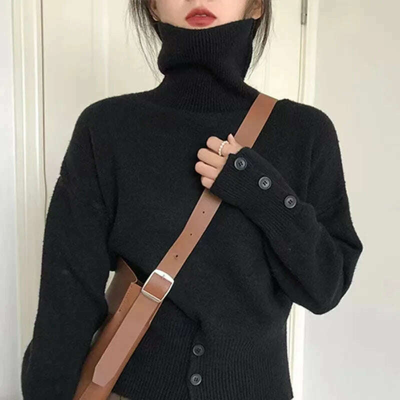 KIMLUD, Korean Slim Woman Pullover Turtleneck Sweater Long Sleeved Loose Jumper Autumn Soft Solid Button Split Female Chic Knitted Top, Picture color 2 / One Size, KIMLUD APPAREL - Womens Clothes
