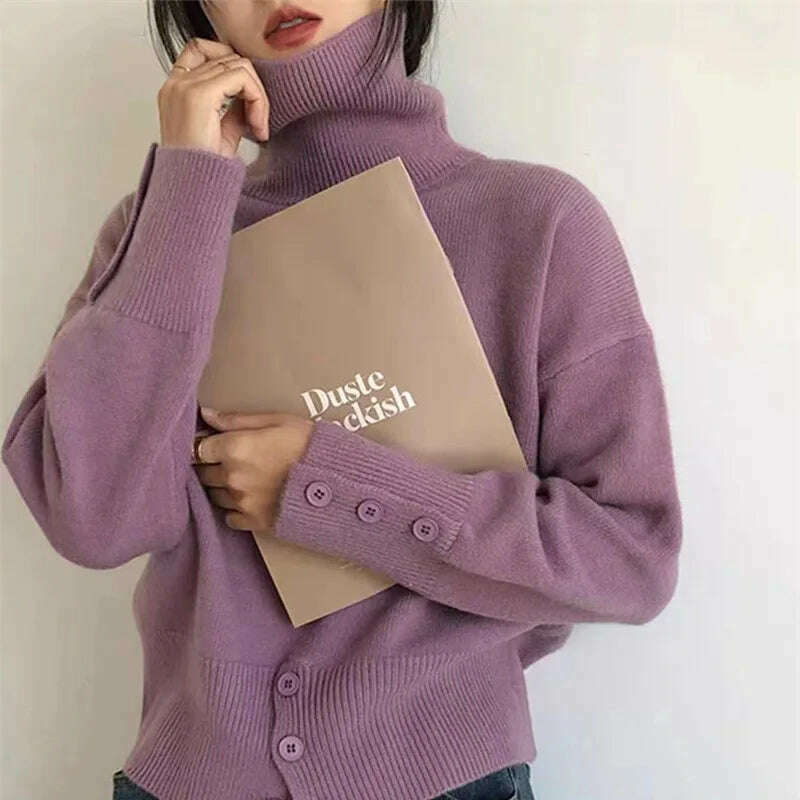 KIMLUD, Korean Slim Woman Pullover Turtleneck Sweater Long Sleeved Loose Jumper Autumn Soft Solid Button Split Female Chic Knitted Top, Picture color 3 / One Size, KIMLUD APPAREL - Womens Clothes