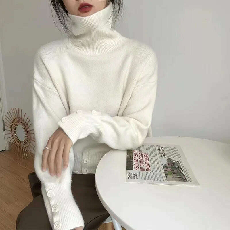 KIMLUD, Korean Slim Woman Pullover Turtleneck Sweater Long Sleeved Loose Jumper Autumn Soft Solid Button Split Female Chic Knitted Top, Picture color 4 / One Size, KIMLUD APPAREL - Womens Clothes