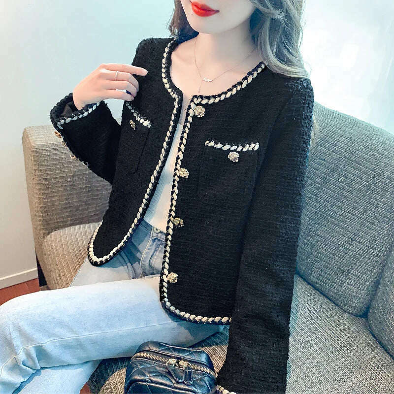 KIMLUD, Korean Small Fragrance Fashion Autumn Winter Women Short Tweed Coat Women O Neck Single Breasted Tweed Jacket Outwear, KIMLUD Womens Clothes