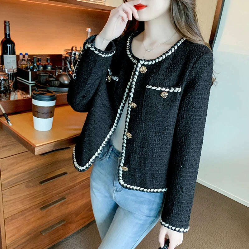KIMLUD, Korean Small Fragrance Fashion Autumn Winter Women Short Tweed Coat Women O Neck Single Breasted Tweed Jacket Outwear, black / L, KIMLUD APPAREL - Womens Clothes