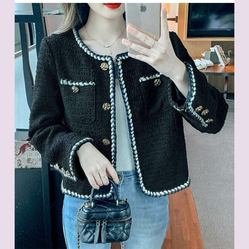 KIMLUD, Korean Small Fragrance Fashion Autumn Winter Women Short Tweed Coat Women O Neck Single Breasted Tweed Jacket Outwear, KIMLUD Womens Clothes