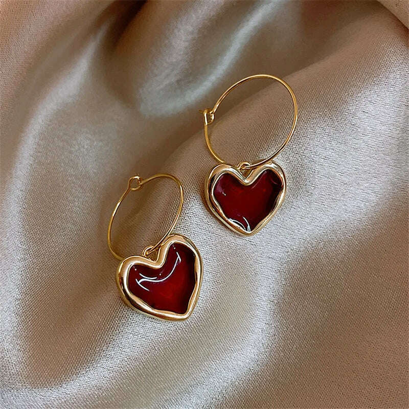 KIMLUD, Korean Style 925 Silver Needles Love Heart Ear Studs For Women Pearl Red Heart Vintage Drop Earrings Enamel Metal Gifts Jewelry, KIMLUD Womens Clothes