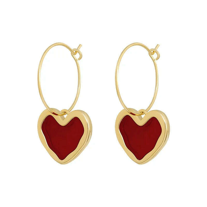 KIMLUD, Korean Style 925 Silver Needles Love Heart Ear Studs For Women Pearl Red Heart Vintage Drop Earrings Enamel Metal Gifts Jewelry, KIMLUD Womens Clothes