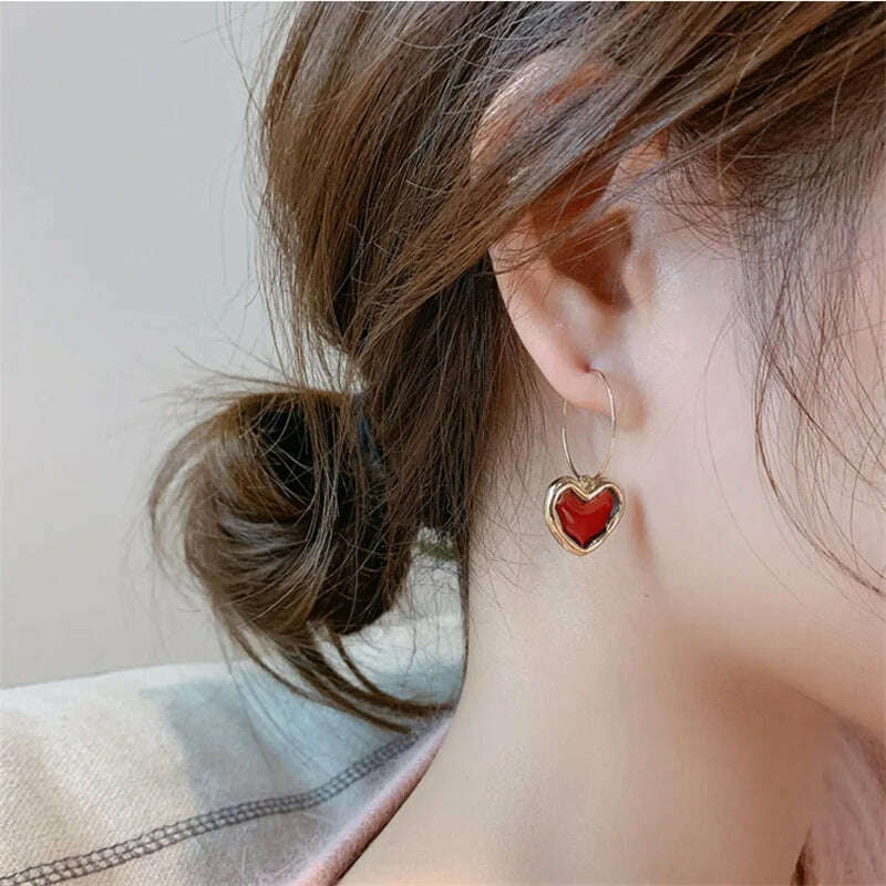 KIMLUD, Korean Style 925 Silver Needles Love Heart Ear Studs For Women Pearl Red Heart Vintage Drop Earrings Enamel Metal Gifts Jewelry, KIMLUD Womens Clothes