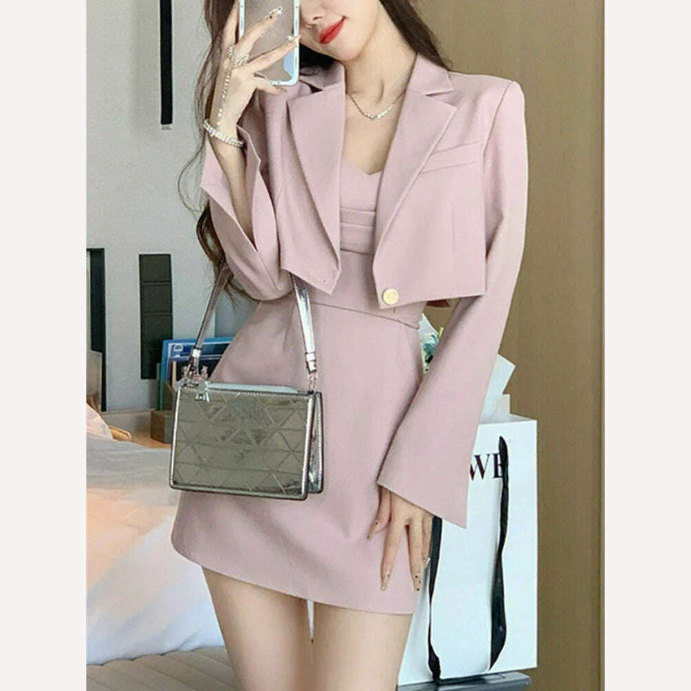 Korean Style Two Piece Dress Set Women Elegant Blazer Coat + Strap Dress Set Female Casual France Vintage Dress Suit 2023 New - KIMLUD