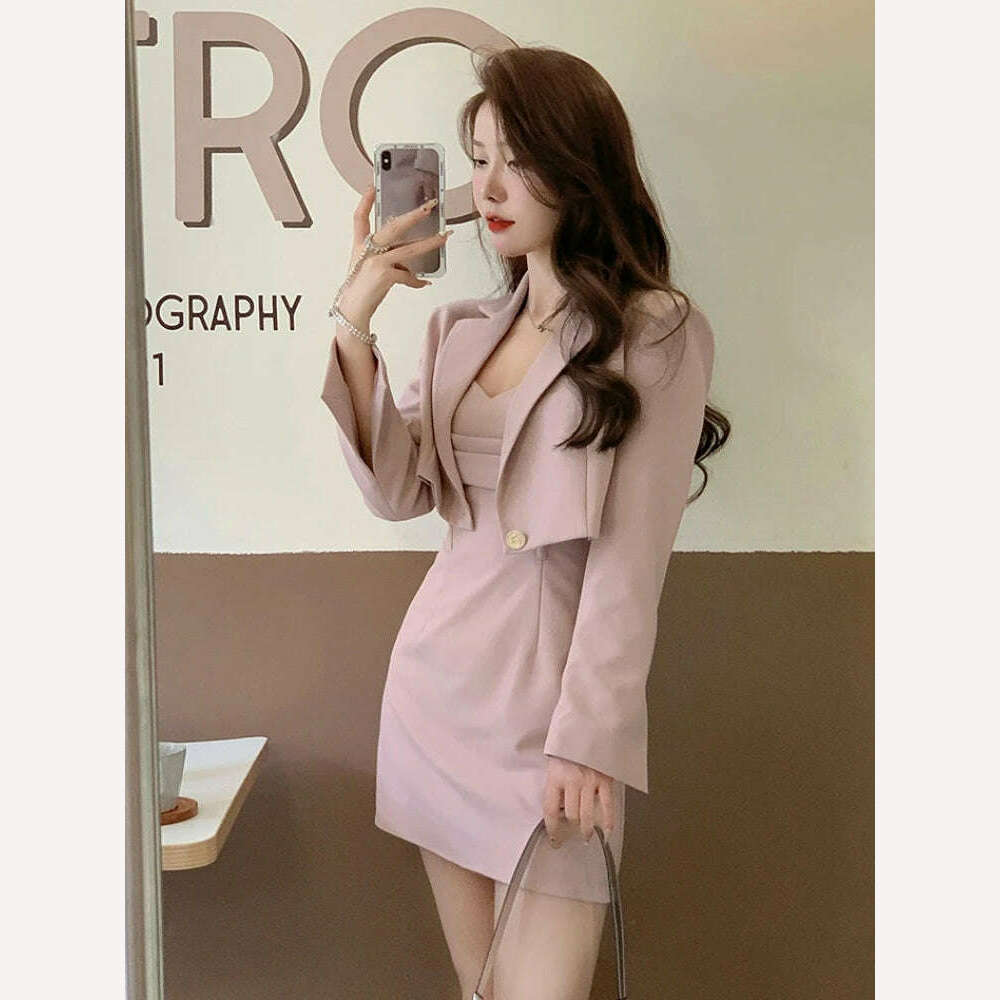 Korean Style Two Piece Dress Set Women Elegant Blazer Coat + Strap Dress Set Female Casual France Vintage Dress Suit 2023 New - KIMLUD