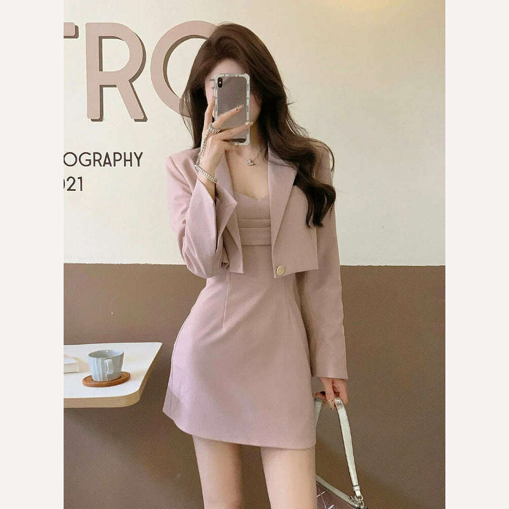 Korean Style Two Piece Dress Set Women Elegant Blazer Coat + Strap Dress Set Female Casual France Vintage Dress Suit 2023 New - KIMLUD