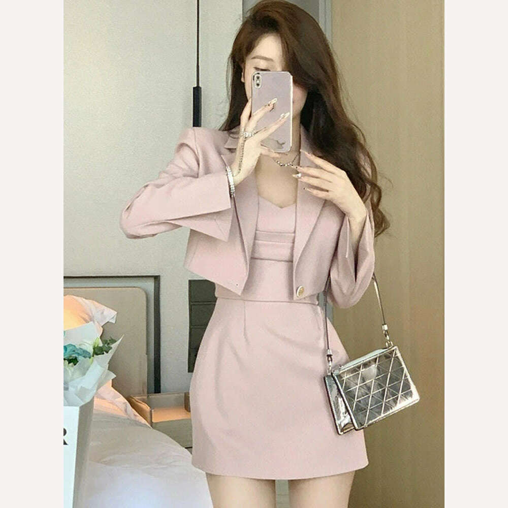 Korean Style Two Piece Dress Set Women Elegant Blazer Coat + Strap Dress Set Female Casual France Vintage Dress Suit 2023 New - KIMLUD