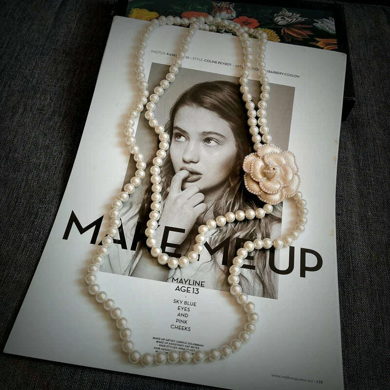 KIMLUD, Korean Sweater Chain Layered Pearl Necklace Pendant For Women Carmellia Flower Jewelry, style 2 beige, KIMLUD APPAREL - Womens Clothes