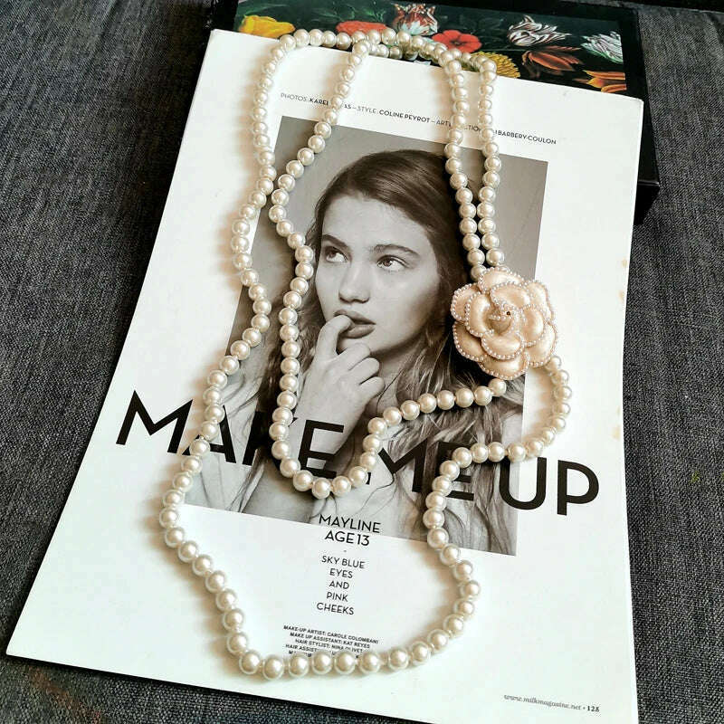 KIMLUD, Korean Sweater Chain Layered Pearl Necklace Pendant For Women Carmellia Flower Jewelry, KIMLUD Womens Clothes