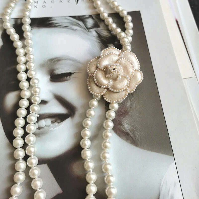 KIMLUD, Korean Sweater Chain Layered Pearl Necklace Pendant For Women Carmellia Flower Jewelry, KIMLUD Womens Clothes