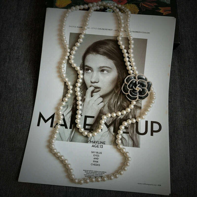 KIMLUD, Korean Sweater Chain Layered Pearl Necklace Pendant For Women Carmellia Flower Jewelry, KIMLUD Womens Clothes