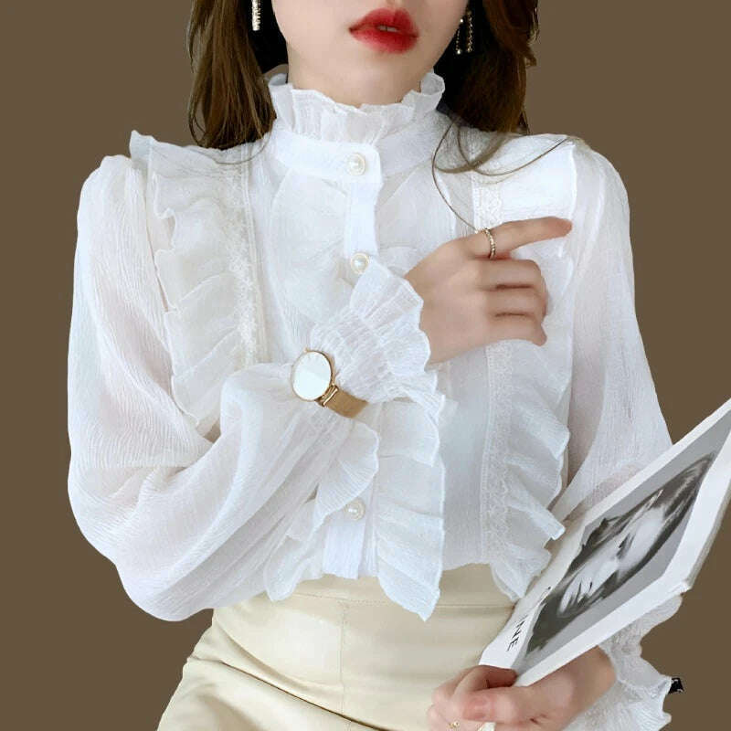 Korean Women Elegant Chiffon Shirt and Blouses Chic Long Sleeve Lace Ruffles Stand Collar Casual Loose White Tops Woman 13433 - KIMLUD