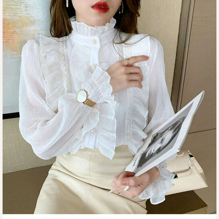 Korean Women Elegant Chiffon Shirt and Blouses Chic Long Sleeve Lace Ruffles Stand Collar Casual Loose White Tops Woman 13433 - KIMLUD