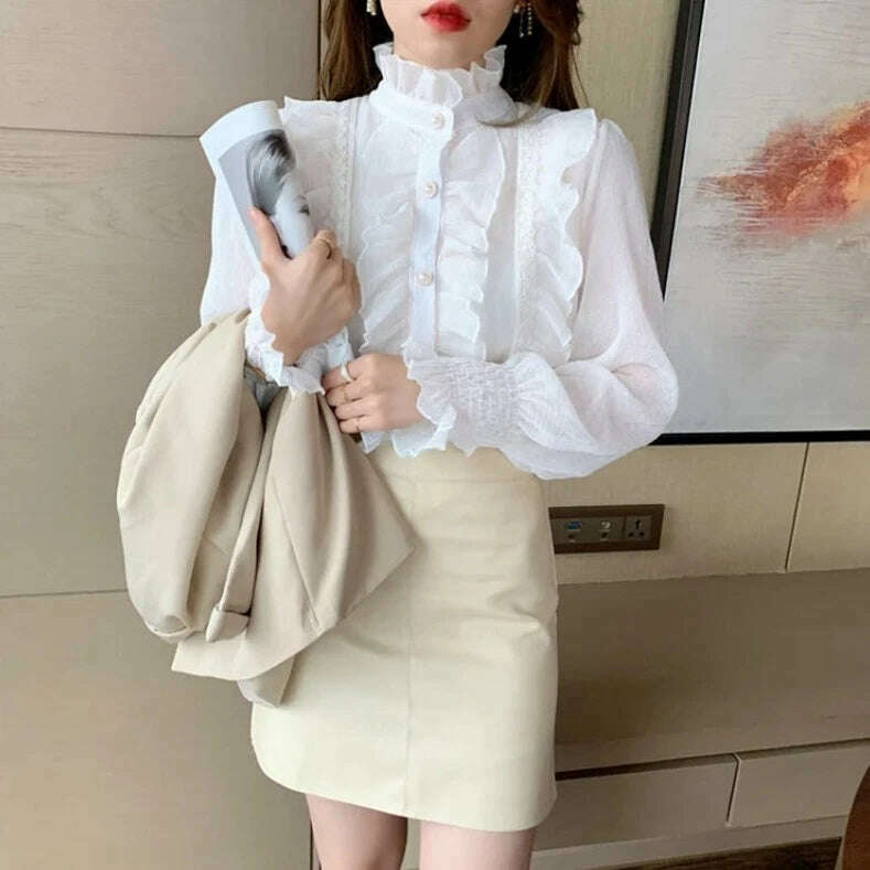 Korean Women Elegant Chiffon Shirt and Blouses Chic Long Sleeve Lace Ruffles Stand Collar Casual Loose White Tops Woman 13433 - KIMLUD