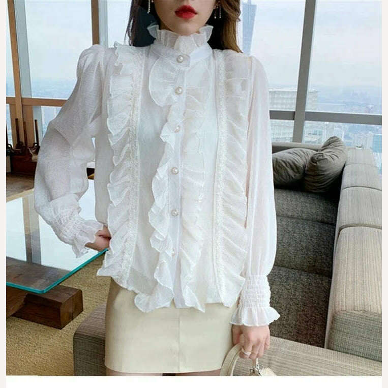 Korean Women Elegant Chiffon Shirt and Blouses Chic Long Sleeve Lace Ruffles Stand Collar Casual Loose White Tops Woman 13433 - KIMLUD