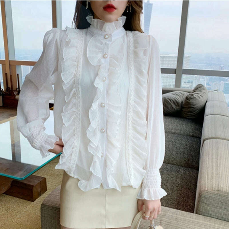 Korean Women Elegant Chiffon Shirt and Blouses Chic Long Sleeve Lace Ruffles Stand Collar Casual Loose White Tops Woman 13433 - KIMLUD
