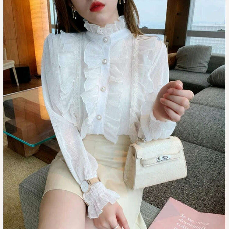 Korean Women Elegant Chiffon Shirt and Blouses Chic Long Sleeve Lace Ruffles Stand Collar Casual Loose White Tops Woman 13433 - KIMLUD