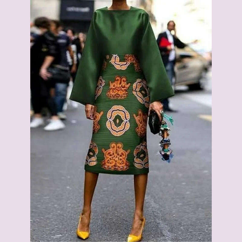 Krismile Women Spring Printed Midi Dresses 2024 Fashion Long Sleeves Round-Neck Midi Dresses Vintage Green Dresses - KIMLUD