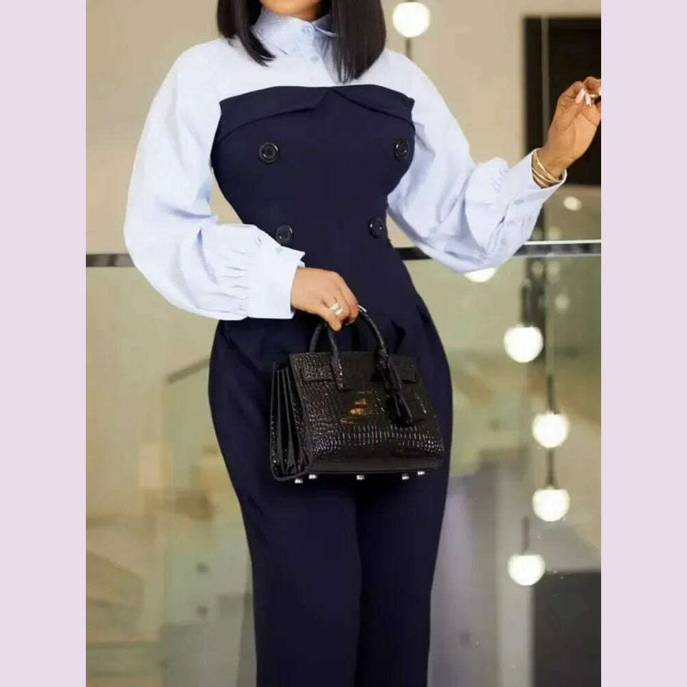 Krisnanas Women's Wide Leg Jumpsuits 2024 New Autumn Long Sleeves Fashion Patchwork Buttoned Loose Casual Office One-piece Suits - KIMLUD