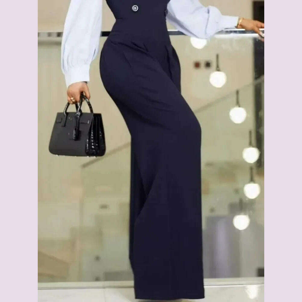 Krisnanas Women's Wide Leg Jumpsuits 2024 New Autumn Long Sleeves Fashion Patchwork Buttoned Loose Casual Office One-piece Suits - KIMLUD