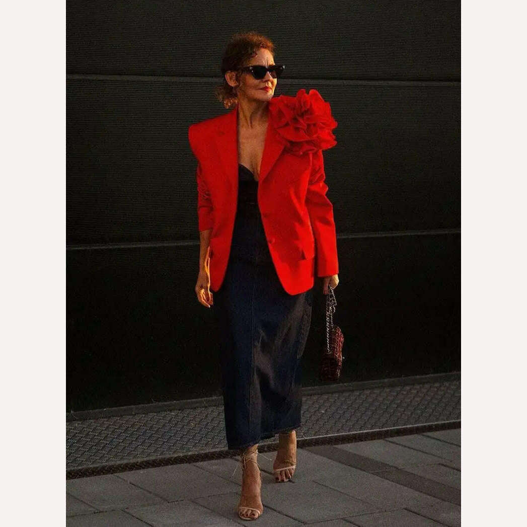 KIMLUD, Kritt 2023 New Women's Fashion 3D Flower Decoration Single Breast High Street Fashion Red Black Suit Sexy Blazer, KIMLUD Womens Clothes
