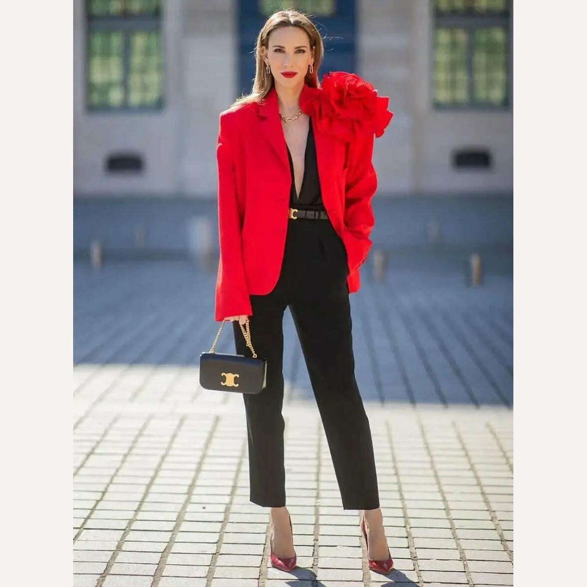 KIMLUD, Kritt 2023 New Women's Fashion 3D Flower Decoration Single Breast High Street Fashion Red Black Suit Sexy Blazer, KIMLUD Womens Clothes